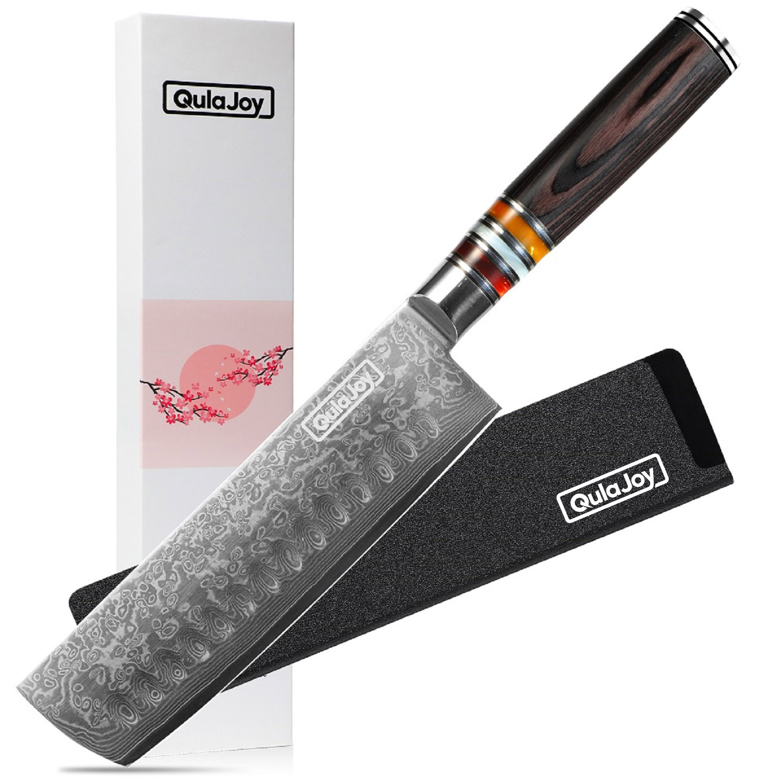 Qulajoy 7 Inch Nakiri Chef Knife, Professional Japanese 67 Layers Damascus VG-10 Steel Core, Hammered Vegetable Cutting Knife, Ergonomic Pakkawood Handle With Sheath