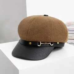 Women's All-match Leather Buckle Octagonal Hat - Coffee - View 1