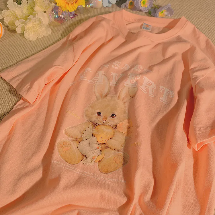 Gentle Original Bunny Print National Tide New Casual Short-sleeved T-shirt - Pink