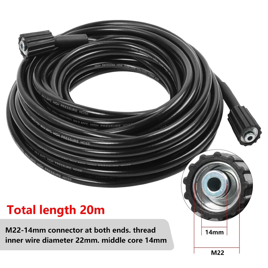 20-meter High-pressure Washer Hose M22-14 Series  Copper Threaded Connector