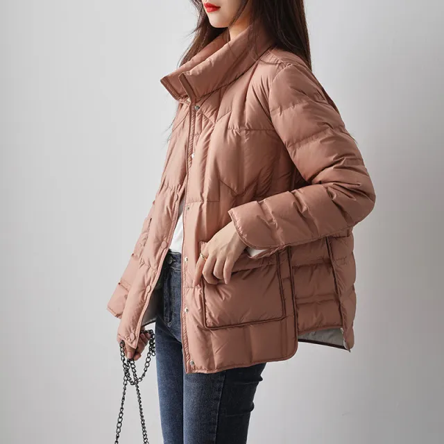 Casual White Duck Down Short Stand Collar Jacket Pink - Shop at LoveMi