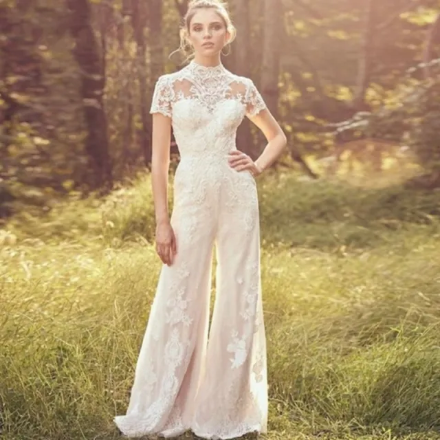 Bride Pants Suit Wedding Bridal Gowns Short Sleeve Jumpsuit White - Shop at LoveMi