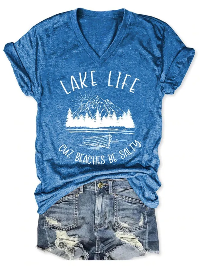 Europe And America Spring And Summer Solid Color Printing T shirt V neck Pullover Blue - Shop at LoveMi