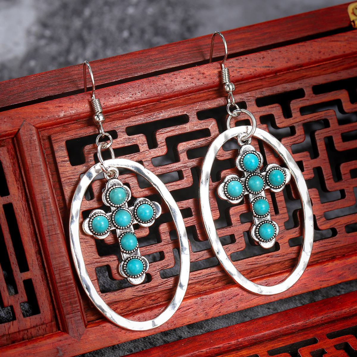 European And American Vintage Turquoise Cross Earrings