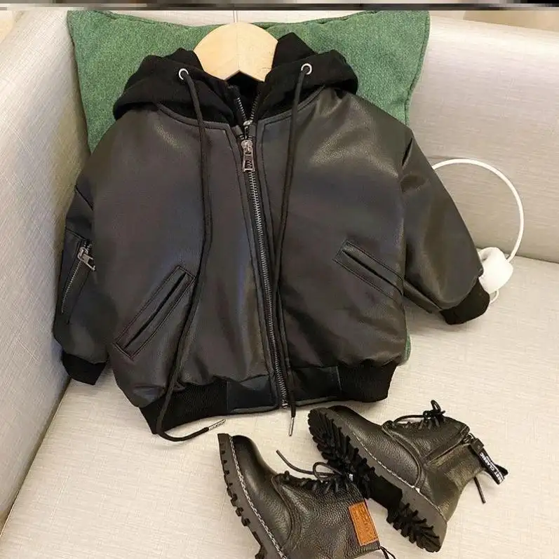 Boys' Thickened Leather Coat In Autumn And Winter