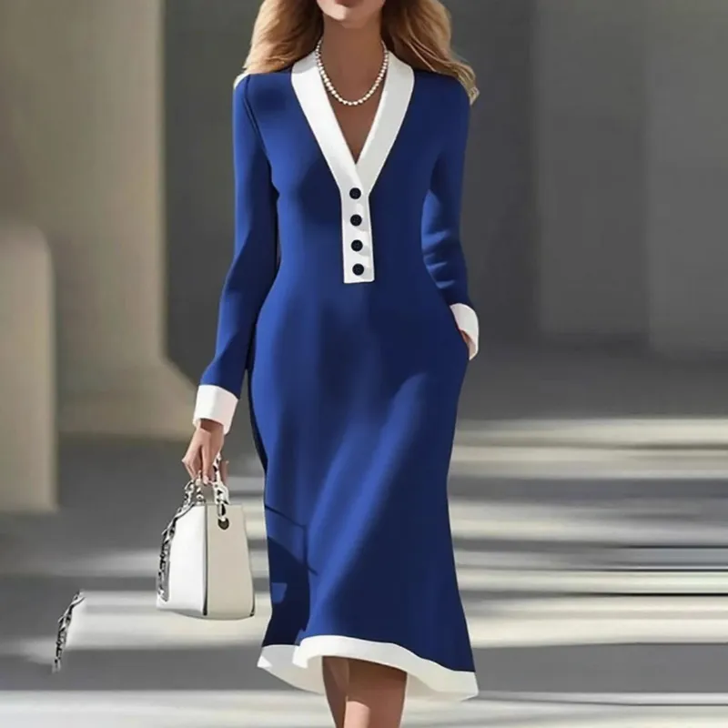 Women's Colour Block Maxi Dress, V-Neck Long Sleeve Elegant Casual Dress - Blue