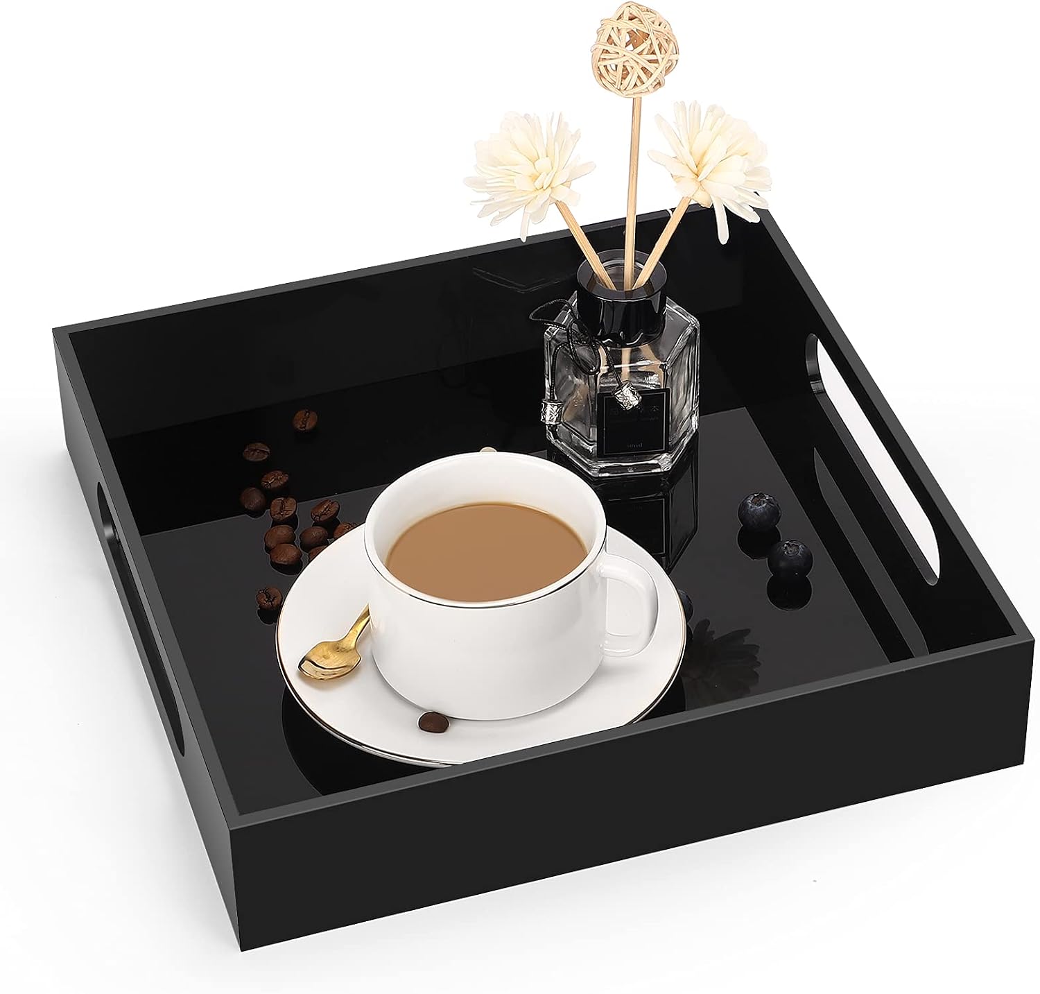 Black Acrylic Coffee Table Tray 10x10 Inch, Decorative Serving Tray With Handles For Breakfast, Vanity, Bathroom And Ottoman