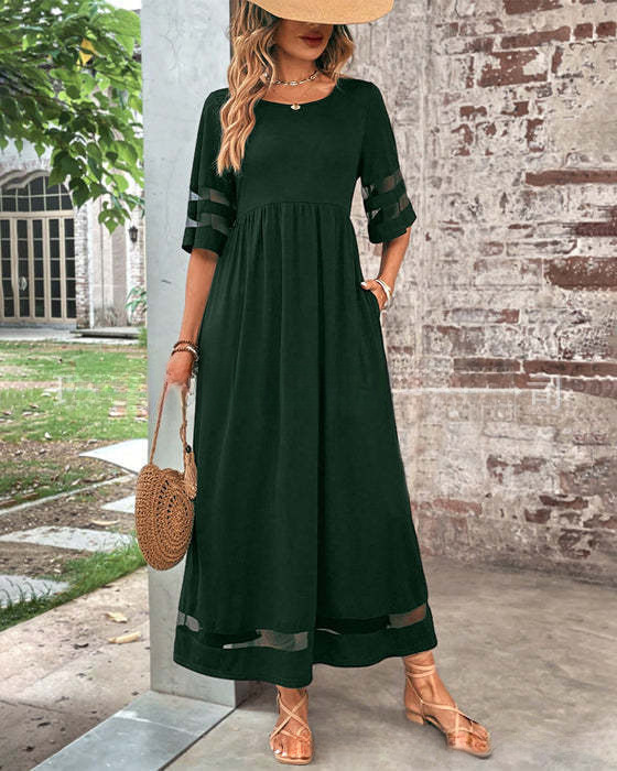 New Hot Selling Plus Size Women's Five Quarter Sleeve Mesh Round Neck Dress With Pockets