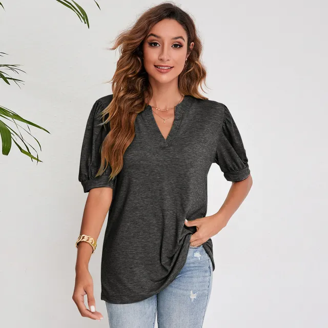 Women's Pleated Puff Sleeve Tops Summer V Neck T Shirts Casual Loose Blouses Dark Gray - Shop at LoveMi