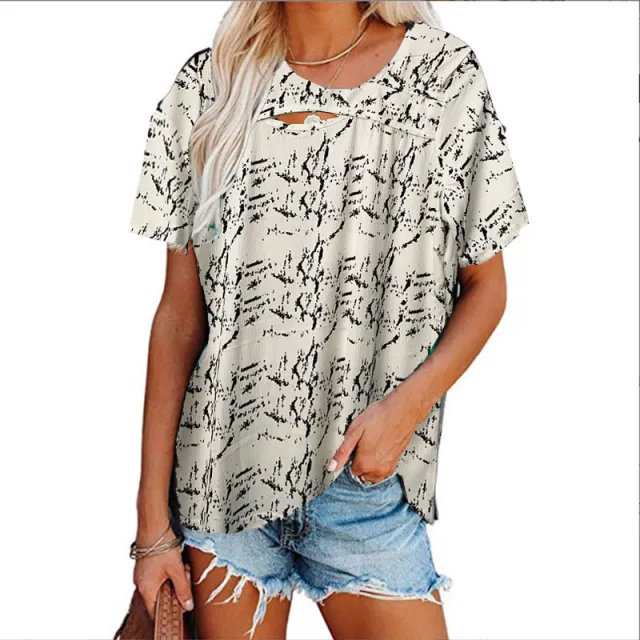 Hollow Crew Neck Casual Home Print Short Sleeves White - Shop at LoveMi