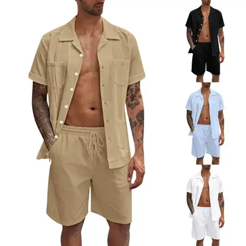 Summer Sports Short Sleeve Shorts Set Linen Loose Casual