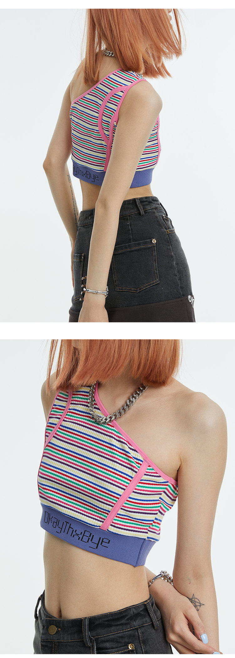 Title 2, Striped Contrast Slanted Shoulder Asymmetric Ta...