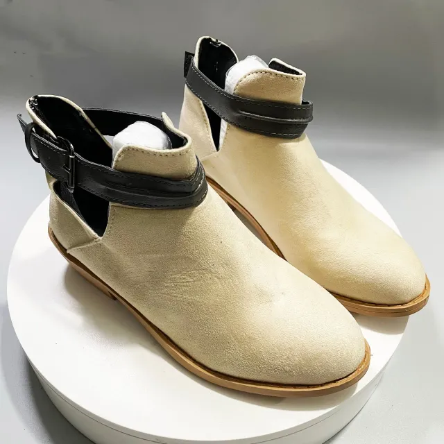 Buckle Ankle Boots Leopard V Cutout Shoes For Women Beige - Shop at LoveMi