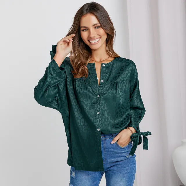 Women's Fashion Casual Round Neck Print Shirt Dark Green - Shop at LoveMi