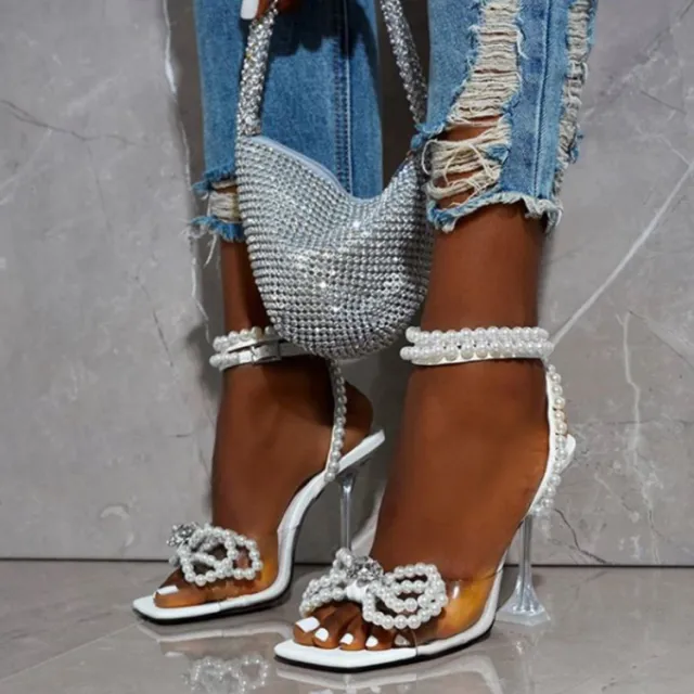 Pearl Bow Sandals For Women Summer Square Toe Thin High Heel Shoes White - Shop at LoveMi