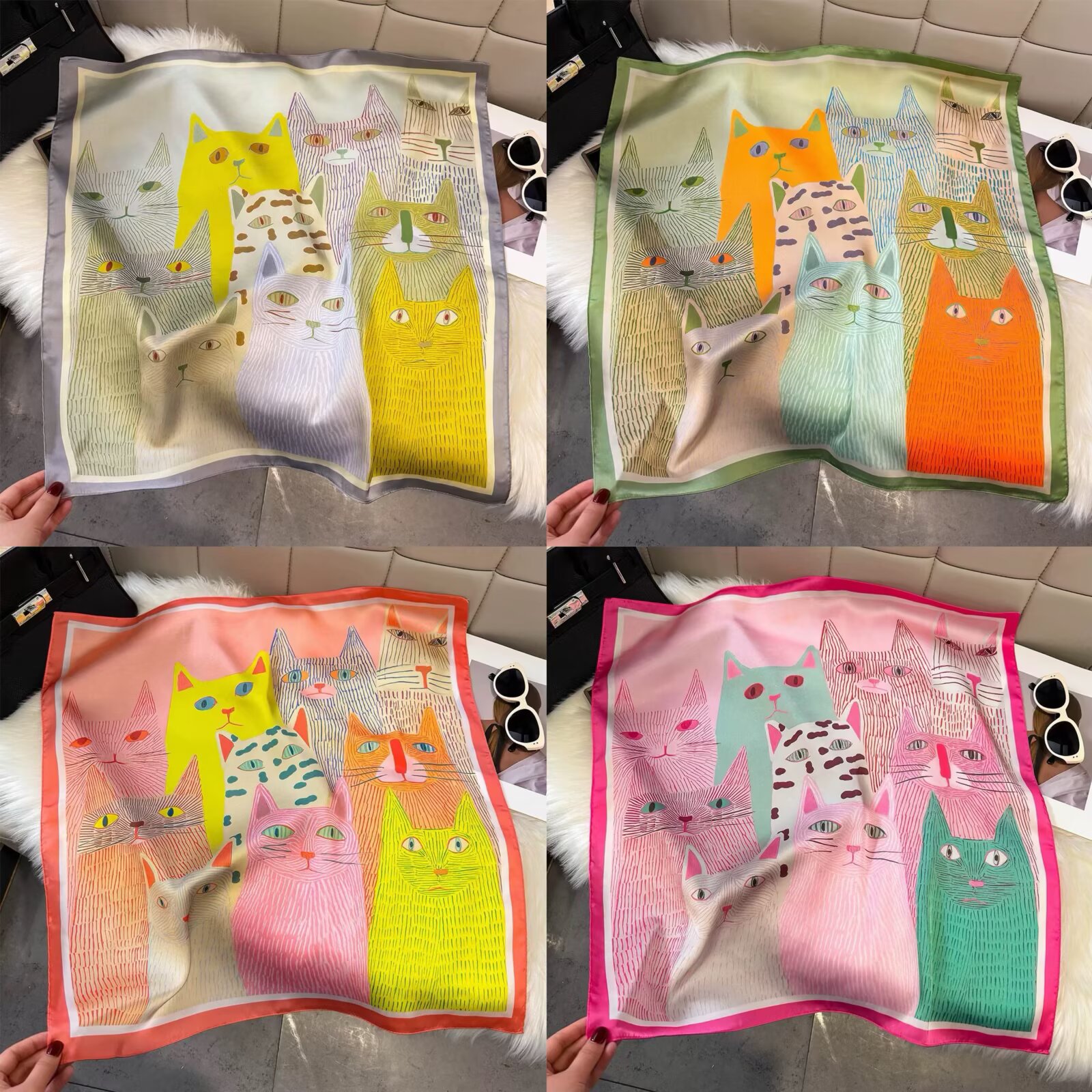 Cartoon-printed Cat Small Square Scarf With Silk Satin Surface. Cute Animal Print Decorative Headscarf. Fashionable And Versatile