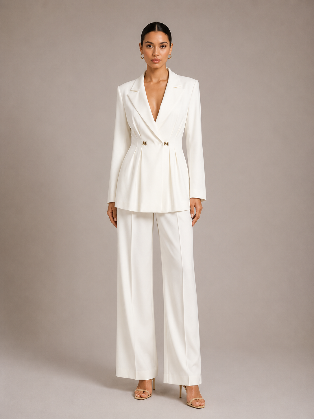 Solid-color Long-sleeve Fitted Blazer & High-waisted Straight-leg Trousers Set