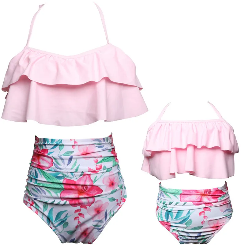 Parent-child Swimsuit Printed High Waist Bikini Ruffled Mother And Daughter Swimwear - Pink