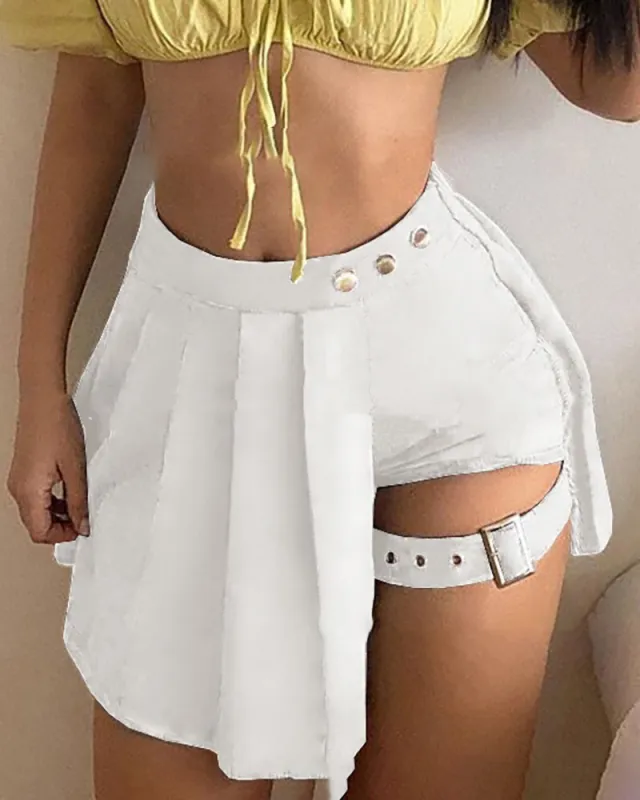 Plaid Button Asymmetric Skirt White - Shop at LoveMi