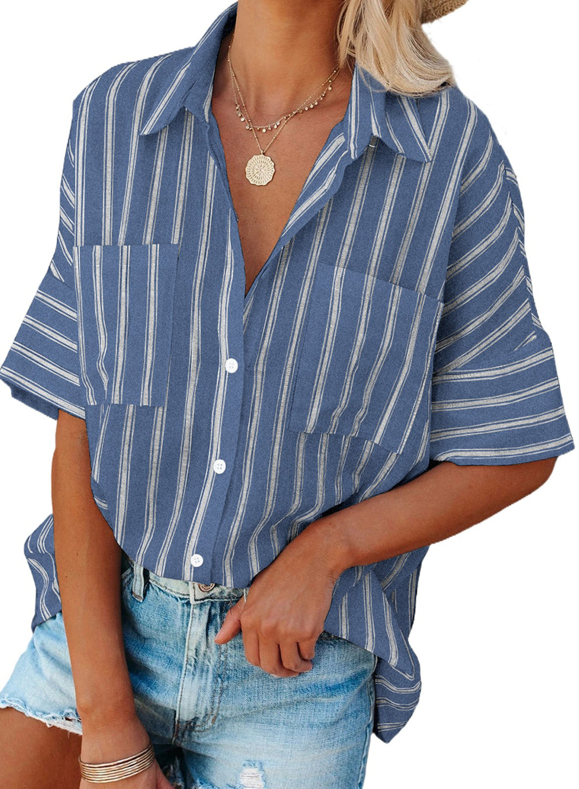 Women's Half Sleeve Striped Loose Single Breasted Loose Top