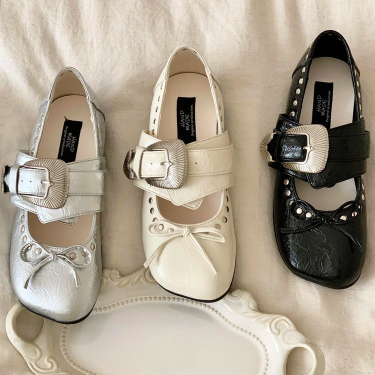 2026 Spring & Summer New Mary Jane Flats, Apple Toe Women's Shoes With Buckle, Rivets & Bow, Breathable & Versatile