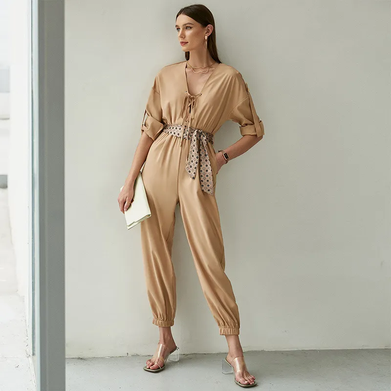 Fashion Offtheshoulder Loose Chiffon Western Style Lolita Tie Solid Color Shortsleeved Jumpsuit - Khaki