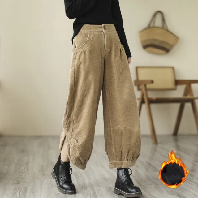 Oversized Loose And Thick Corduroy Plush High Waist Capris Coffee - Shop at LoveMi