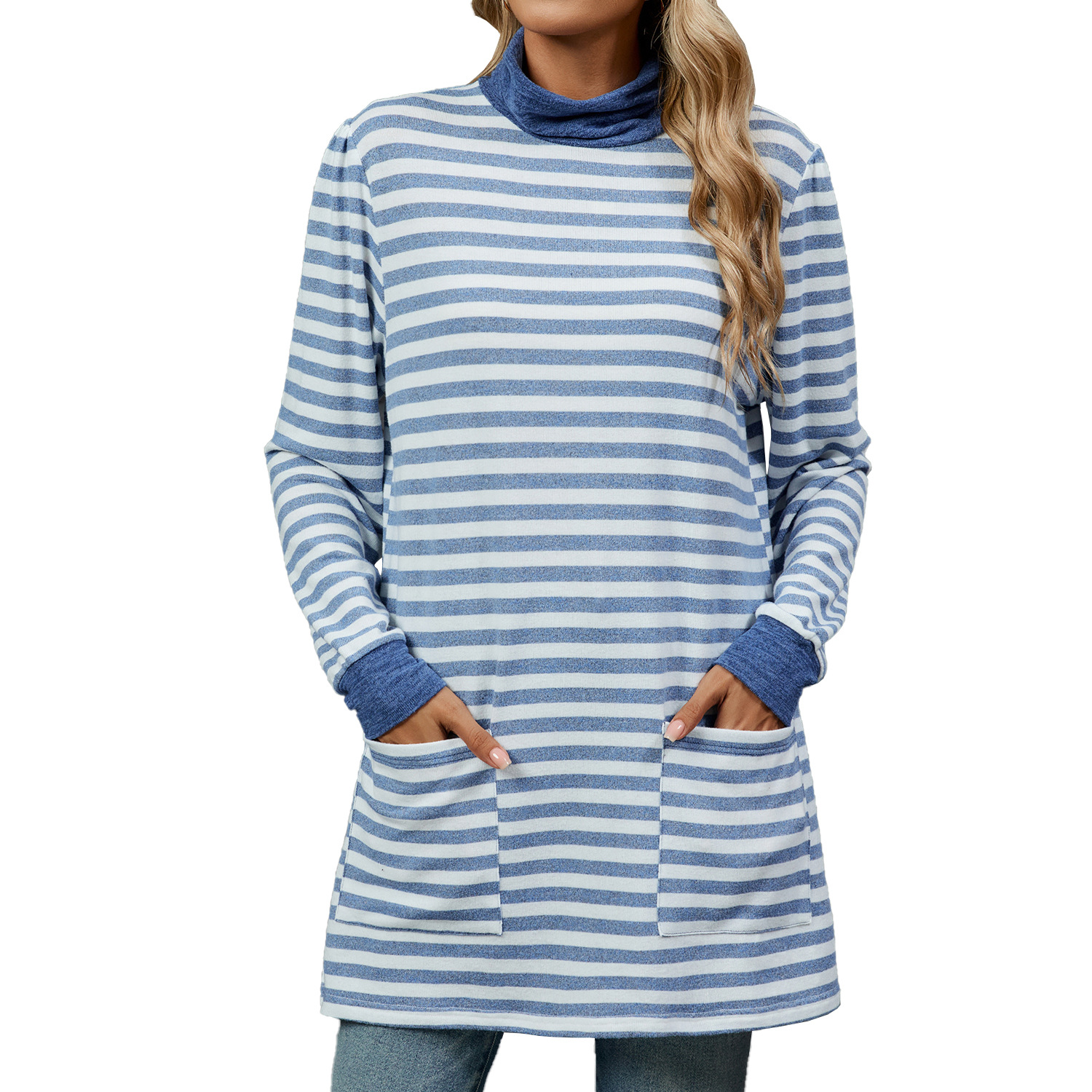 Fashion Striped Print Long Sweatshirt With Pocket Loose Long Sleeve Pullover T shirt Top For Womens Clothing White - Shop at LoveMi