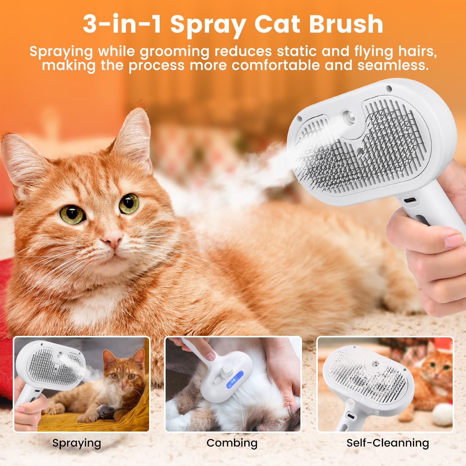3-in-1 Cat Steam Brush | Pet Grooming Comb with Mist Spray — view 7