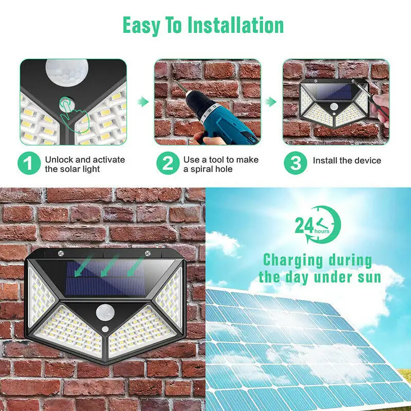 Solar Power PIR Motion Sensor Wall Lights 1o0 LED Outdoor Garden Security Lamp