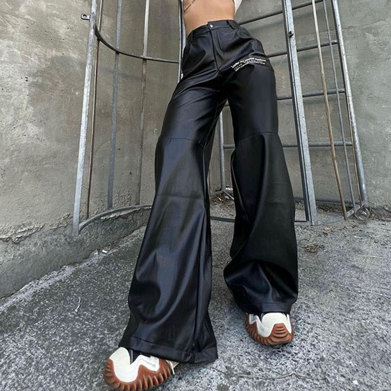 Women's Retro Letter Print Pocket Splicing Casual Leather Pants