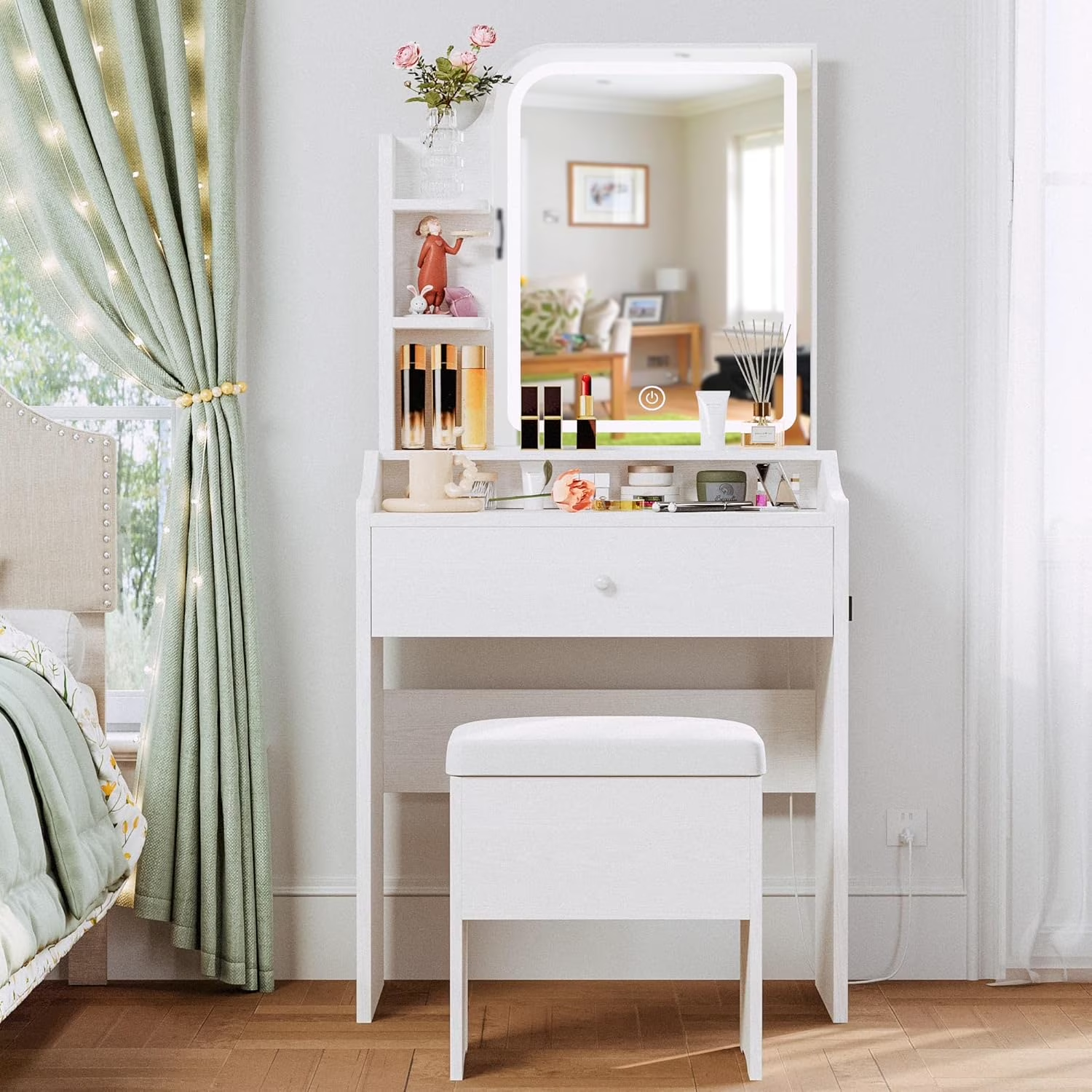A Small Dressing Table Set With A Adjustable Lighting Makeup Surface, Including A Dressing Table, Storage Drawers, Shelves And A Stool