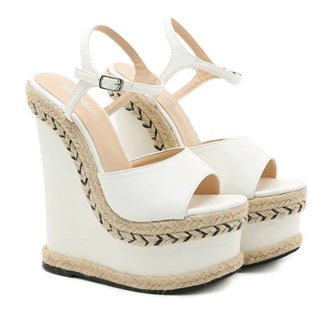 Fish mouth Super High heeled Wedge heel Fairy style Straw Woven One word Female Sandals White - Shop at LoveMi