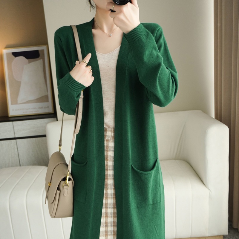 No Buckle Lazy Wind Fashion Long Cardigan Knitted Coat Women Green - Shop at LoveMi