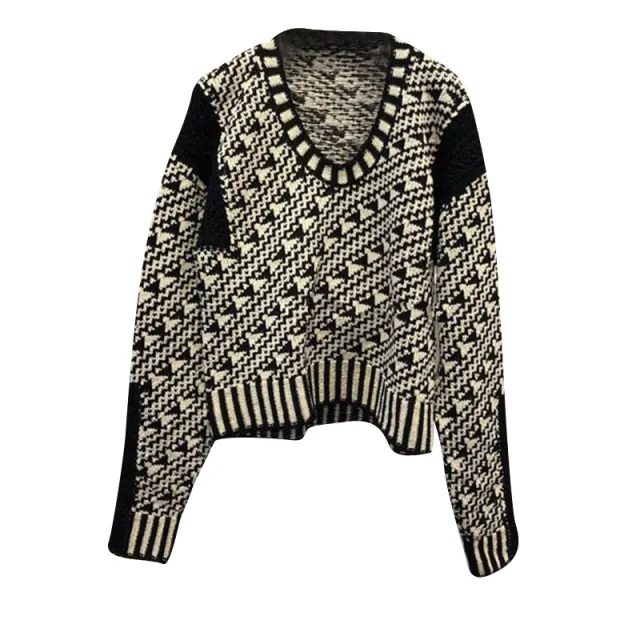 Fashion Round Neck Color Contrast Irregular Design Sweater Black - Shop at LoveMi