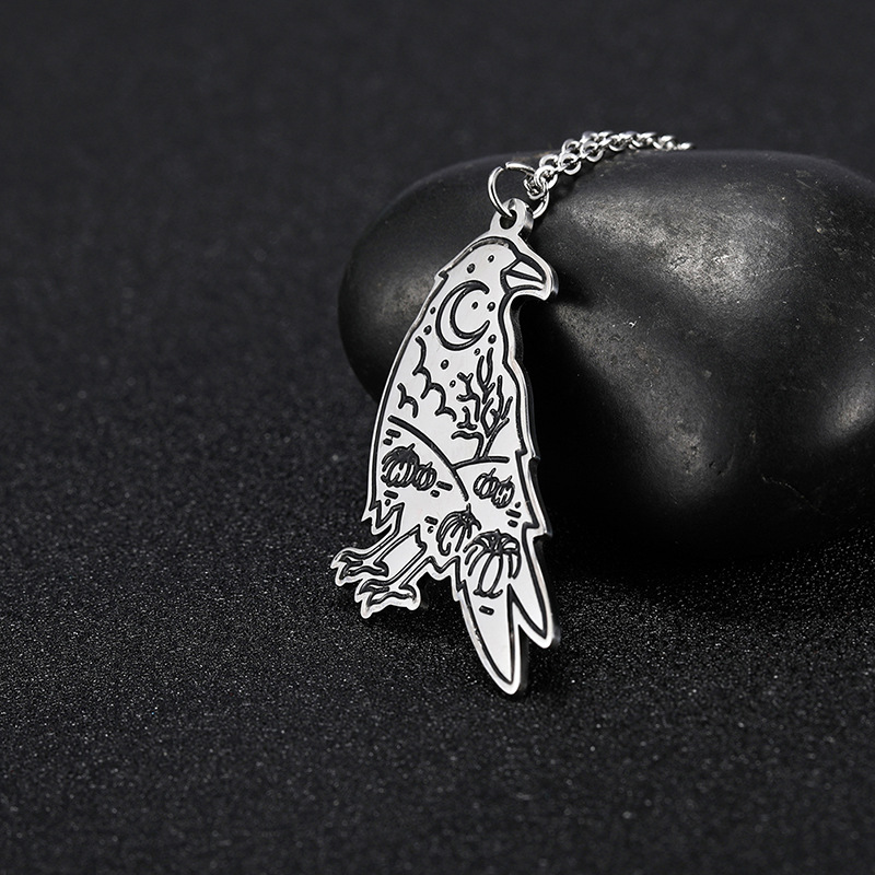 Vintage Viking Celtic Raven Necklace Stainless Steel Moon Pumpkin Crow Pendant Necklaces