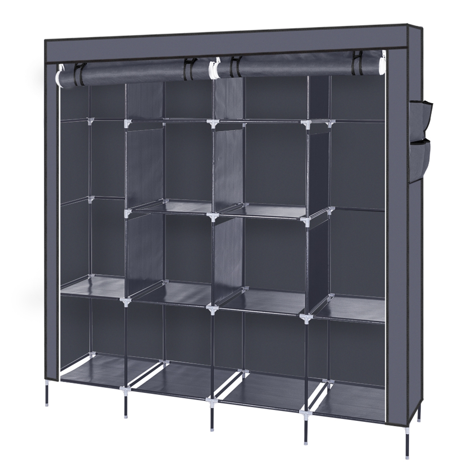 67 Inch Clothes Closet Portable Wardrobe Clothes Storage Rack 12 Shelves 4 Side Pockets Gray