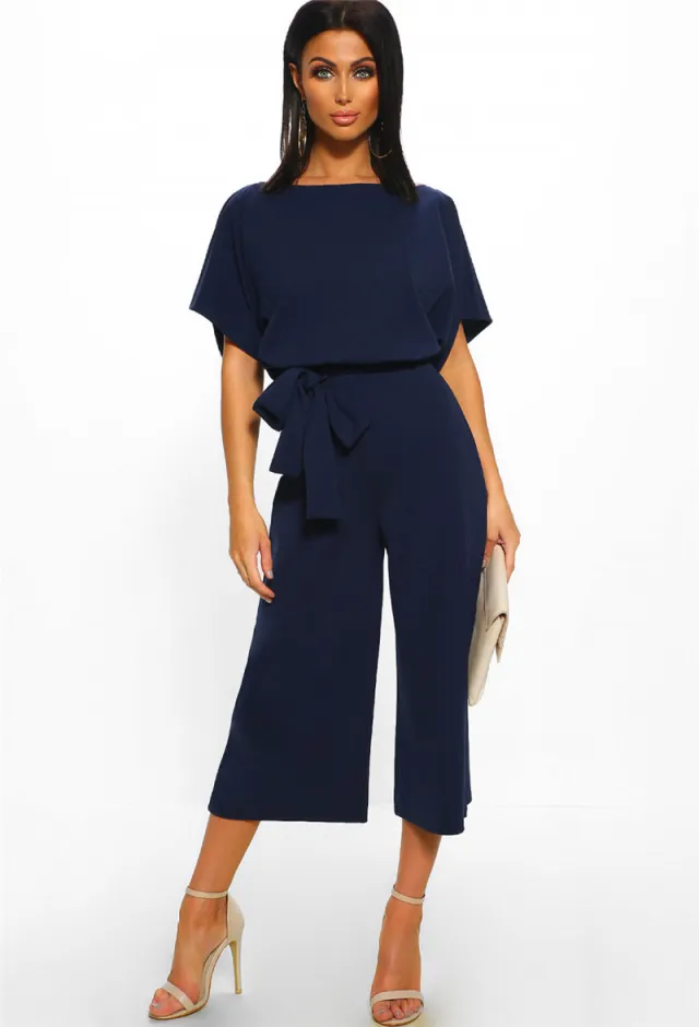 Summer Fashion Lace Up Button Short Sleeved Women's Jumpsuit Navy Blue - Shop at LoveMi