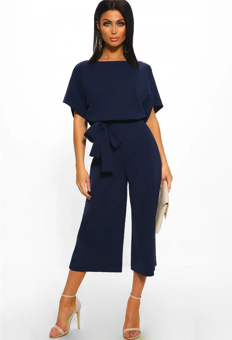 Summer Fashion Lace-Up Button Short-Sleeved Women's Jumpsuit - Navy Blue
