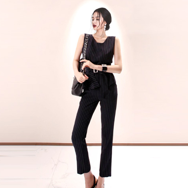 Temperament Round Neck Striped Top High Waist Slim Slim Straight Pants Two-piece Set