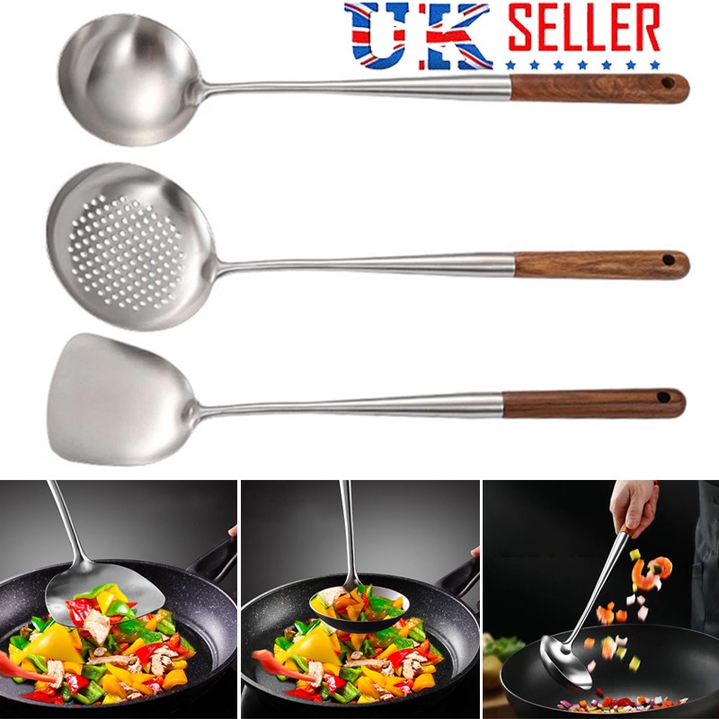 3PCS Wok Spatula & Ladle Skimmer Ladle Tool 17inches Stainless Steel Wok Spatula