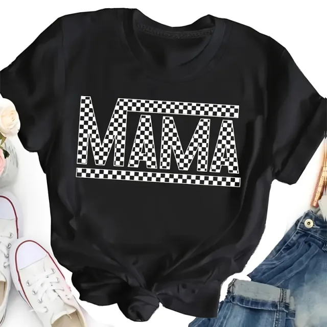 Women's Plaid Mama Letter Print T Shirt, Casual Crew Neck Short Sleeve Top For Spring & Summer Black - Shop at LoveMi