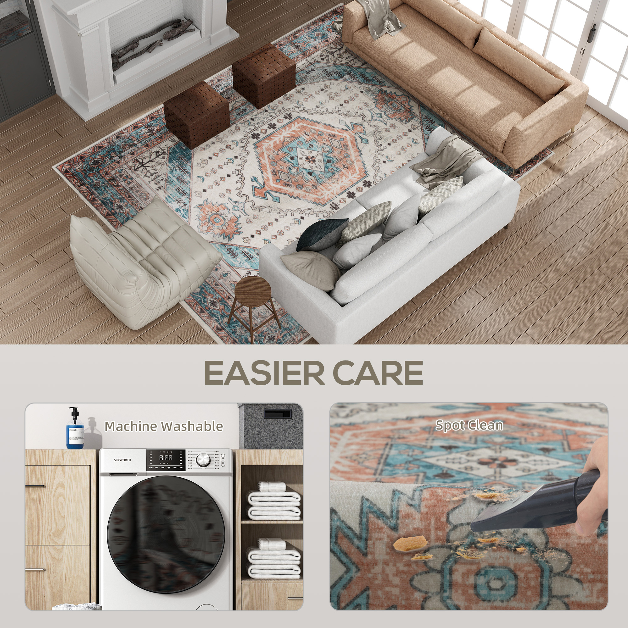 8x10 Area Rug, Vintage Machine Washable Rug, Non Slip Floor Carpet For Living Room, Bedroom, Dining Room, Brown And Blue Brown - Shop at LoveMi