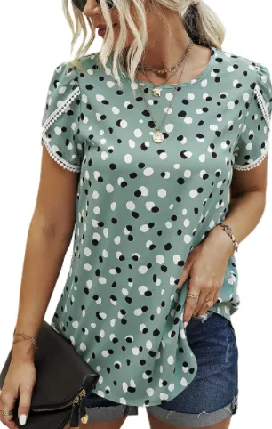 Lace Stitched Polka Dot Short Sleeved T Shirt Chiffon Top Green - Shop at LoveMi