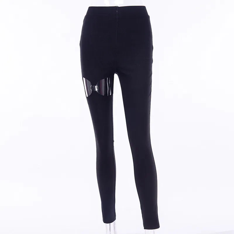 Women's Fashion Solid Color Slim Pencil Sexy Hollow Pants - Black