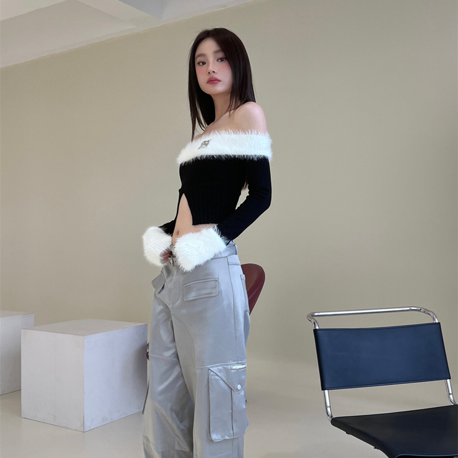 Plush Panel Off Shoulder Long Sleeve Top