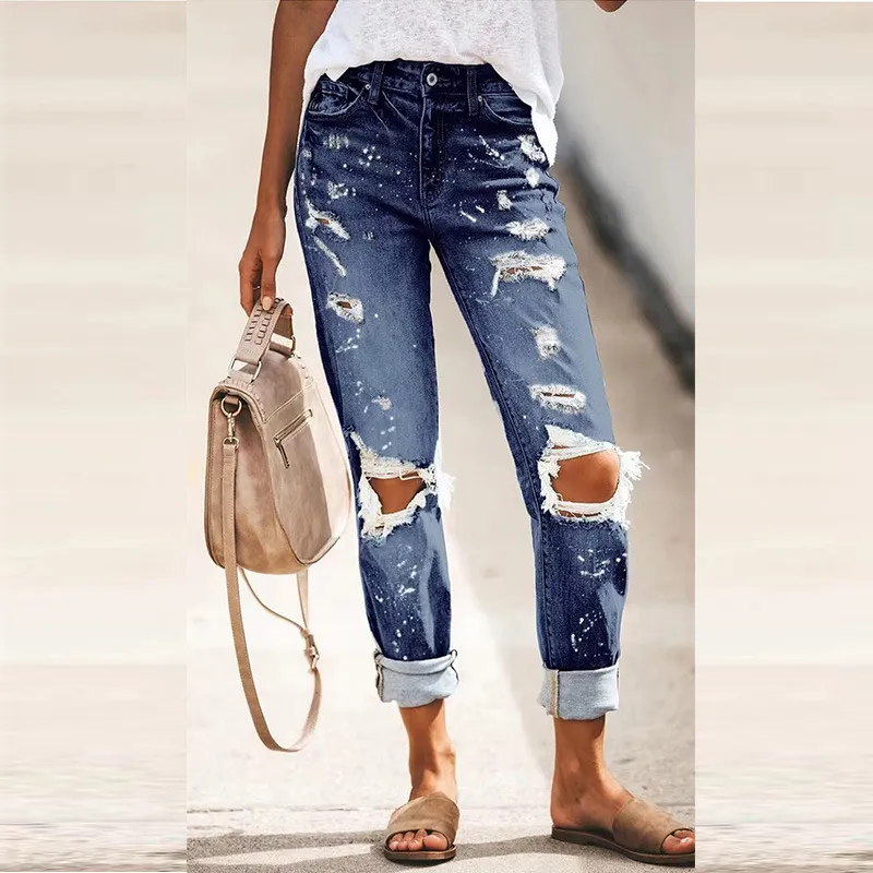 Autumn Street Hipster Trousers Ripped Washed Straight-leg Pants Women's Jeans - Dark Blue