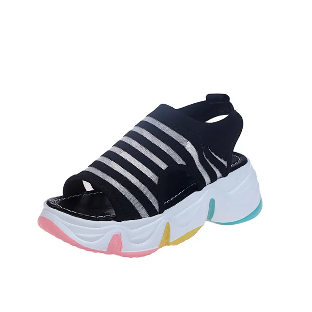 Rainbow Sole Mid Heel Slip On Sports Sandals Flyknit Black - Shop at LoveMi