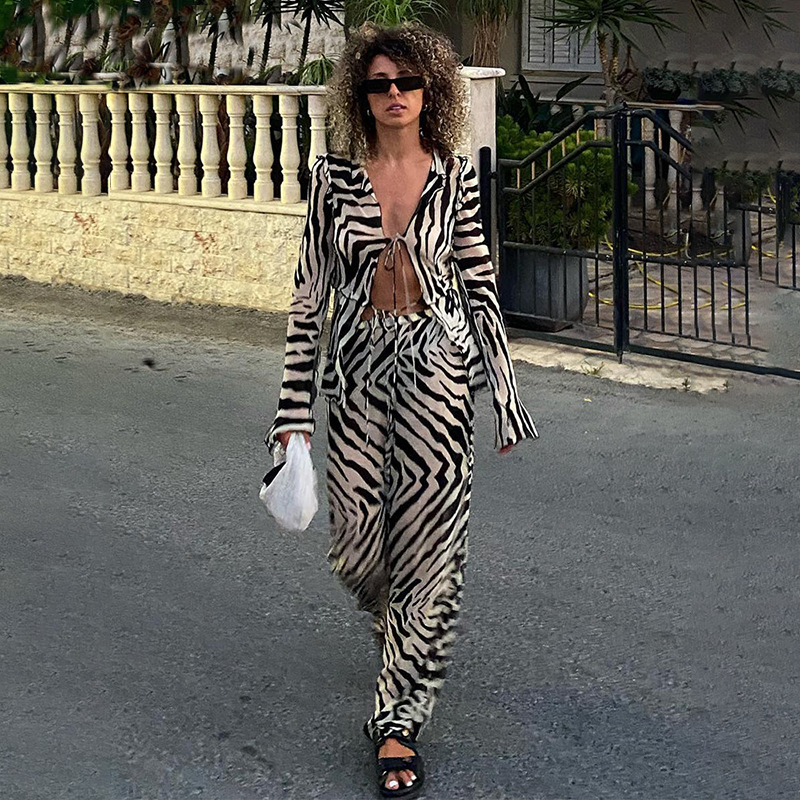 Women's Sexy Strappy Printed Long Sleeved Shirt With Tie Pants Set