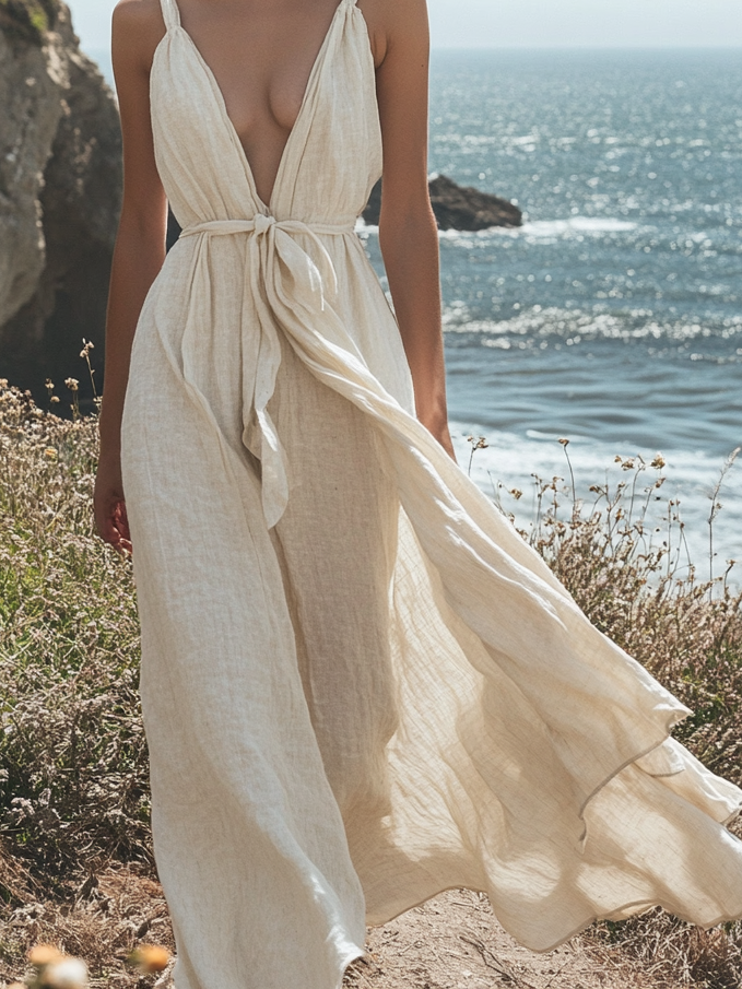 Cotton And Linen Suspender Strap Maxi Dress